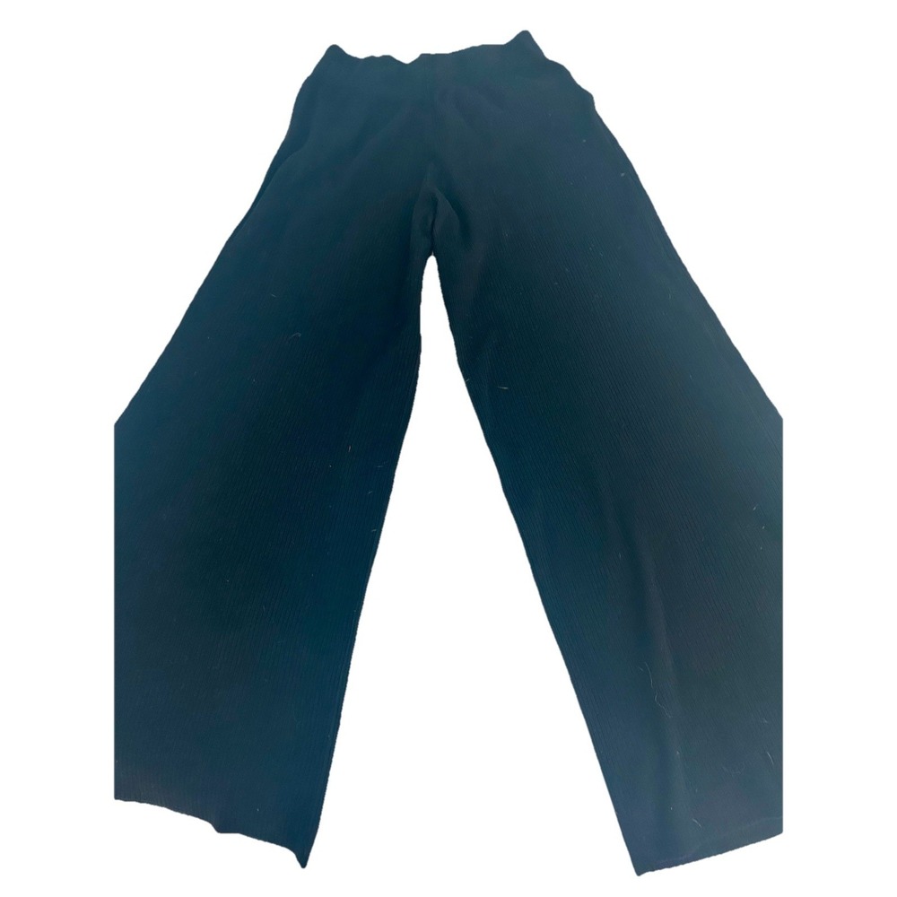 Zenana Womens Wide Leg High Rise Rib Knit Pants Black Casual Lounge Medium